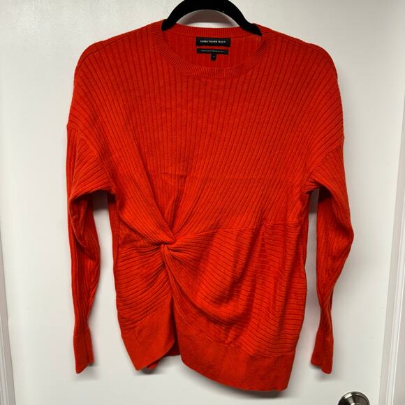 Something Navy Red Orange Side Knot Crew Neck Sweater Pullover Size XS Viscose - Picture 1 of 7